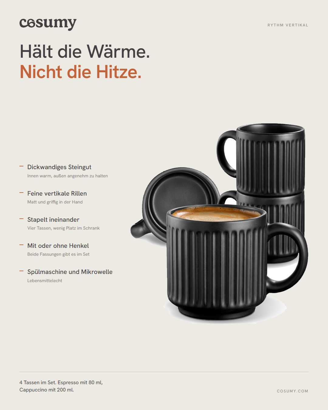 Das Set in Schwarz mit beschrifteten Merkmalen